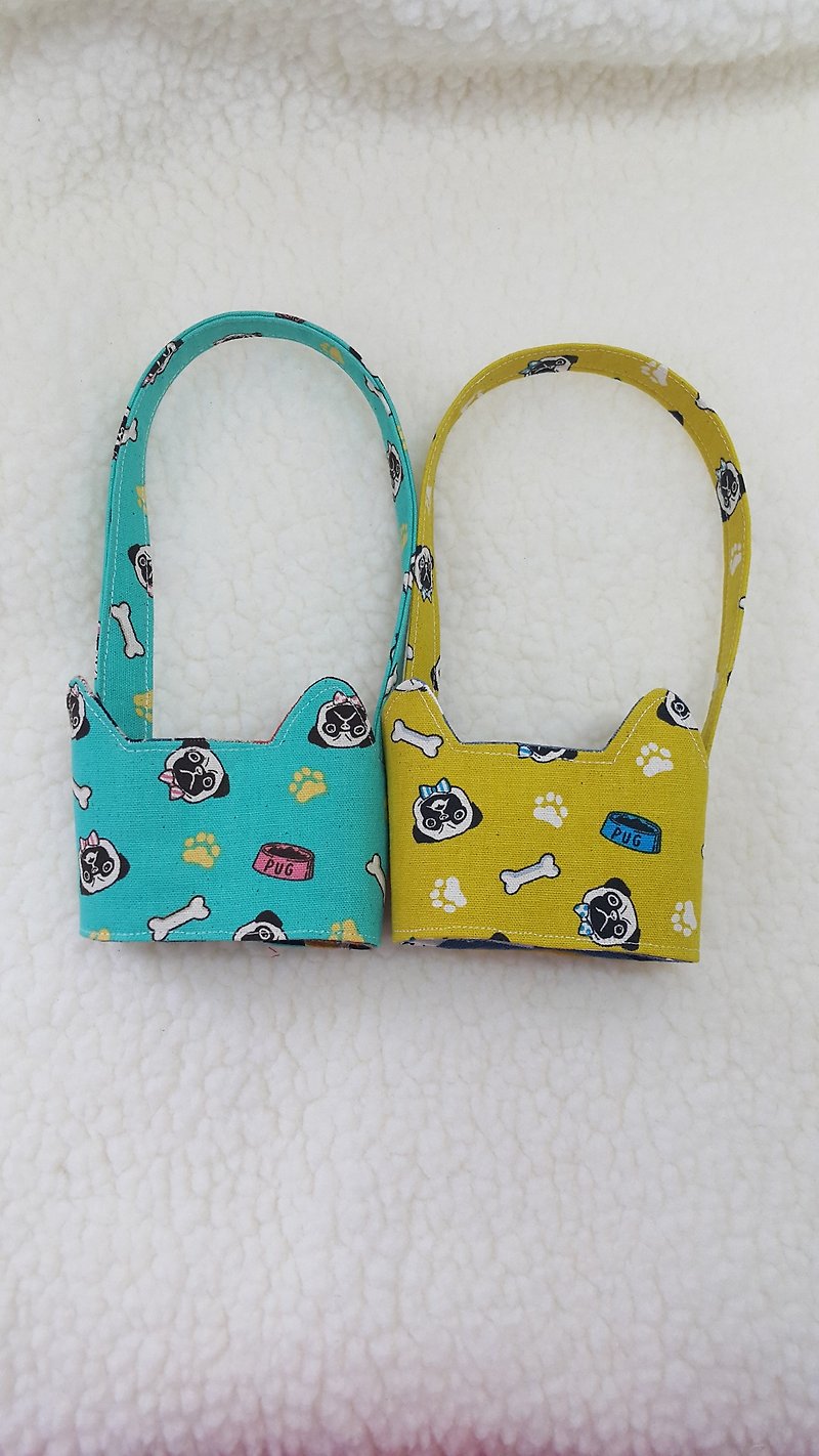 Pug / two-color cat ears with eco-friendly drink cup sleeve bag / double-sided available - ผ้ากันเปื้อน - ผ้าฝ้าย/ผ้าลินิน หลากหลายสี