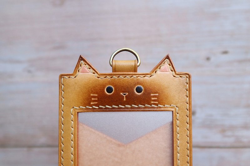 Siamese cat genuine leather document holder/identification card holder with lanyard and retractable accessories - ID & Badge Holders - Genuine Leather Khaki