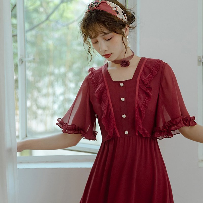 Red chiffon French retro dress female summer dress - ชุดเดรส - วัสดุอื่นๆ สีแดง