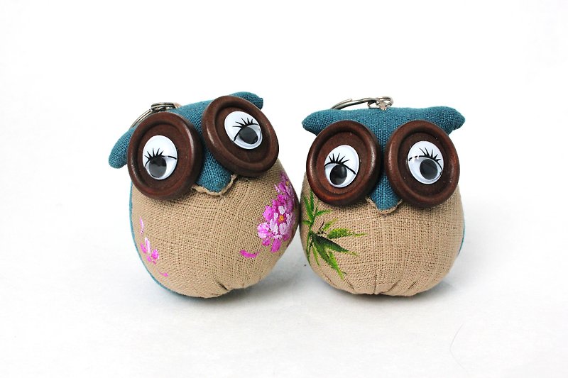 Owl Charm Key Ring Doll A pair of loving little husband and wife painted owl blue - Charms - Cotton & Hemp Blue