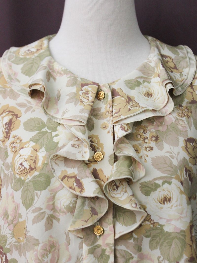 [RE1123T306] autumn and winter retro romantic rose flower printing lapel gold buckle long-sleeved vintage shirt - เสื้อเชิ้ตผู้หญิง - เส้นใยสังเคราะห์ สีเหลือง