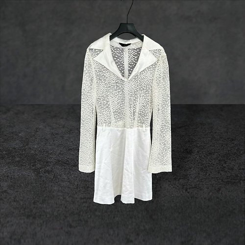 蘿綺莉蕾芭索 二手 白色 光澤 輕薄 拼接 蕾絲 織紋 透視 長袖 洋裝 PF518