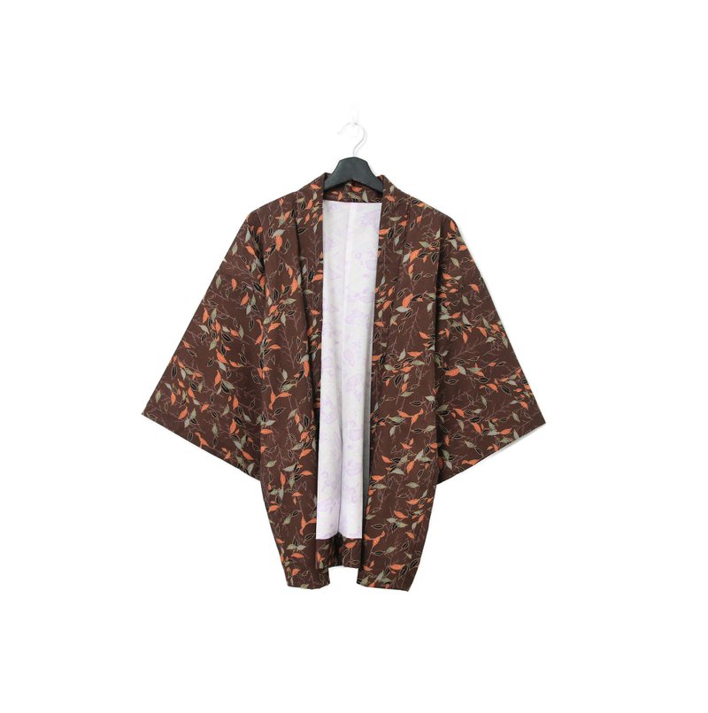 Back to Green-日本帶回羽織 枝葉滿版 咖 kb-58/vintage kimono - 女大衣/外套 - 絲．絹 