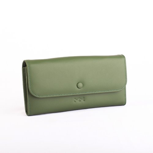 march michelle. Lily.- Leather long wallet with crossbody strap in Olive green