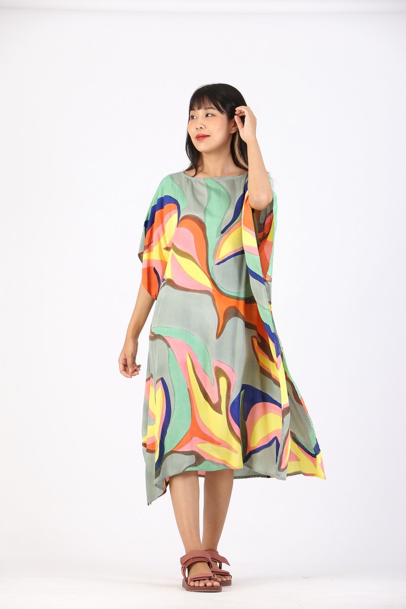 Hand Painted Cotton Silk Kaftan for Summer Resort Vacation F - 洋裝/連身裙 - 棉．麻 綠色