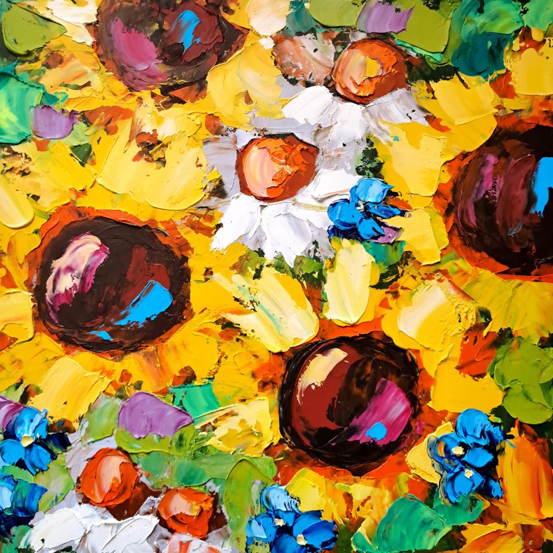 Sunflowers Impasto Painting Flowers Original Art Floral Wall Art Decor - 壁貼/牆壁裝飾 - 其他材質 多色