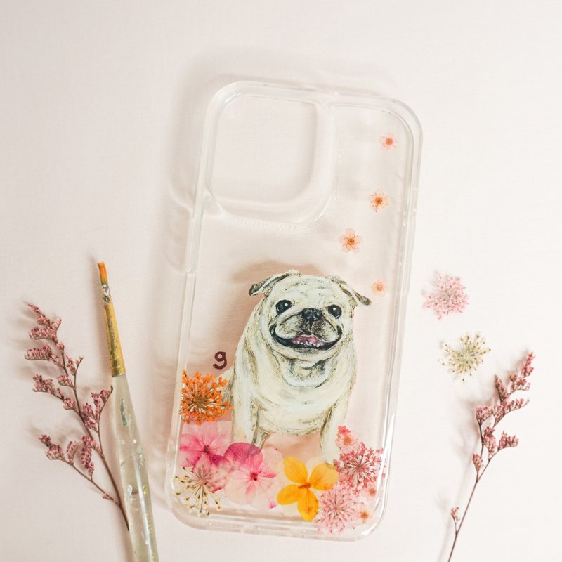 Tailor-made Hand-drawn Pet Pressed Flower Phone Case | Pug / Dog - เคส/ซองมือถือ - พืช/ดอกไม้ สึชมพู