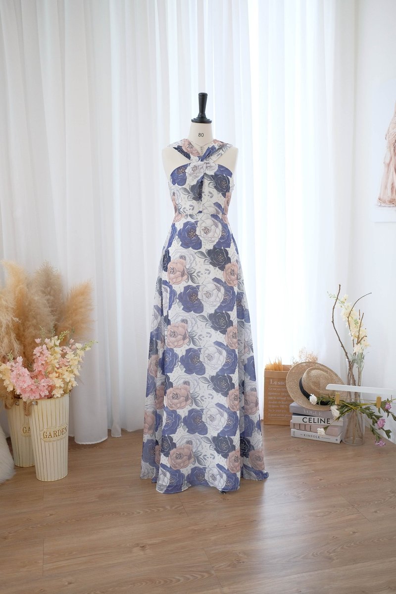 Royal blue floral wedding bridesmaid dress party prom cocktail bridal dress - One Piece Dresses - Polyester Blue