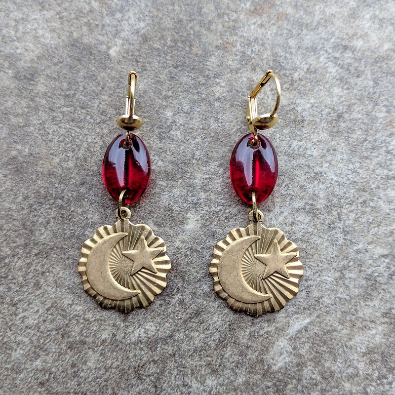 紅色古董玻璃星月耳環 - 耳環/耳夾 - 玻璃 