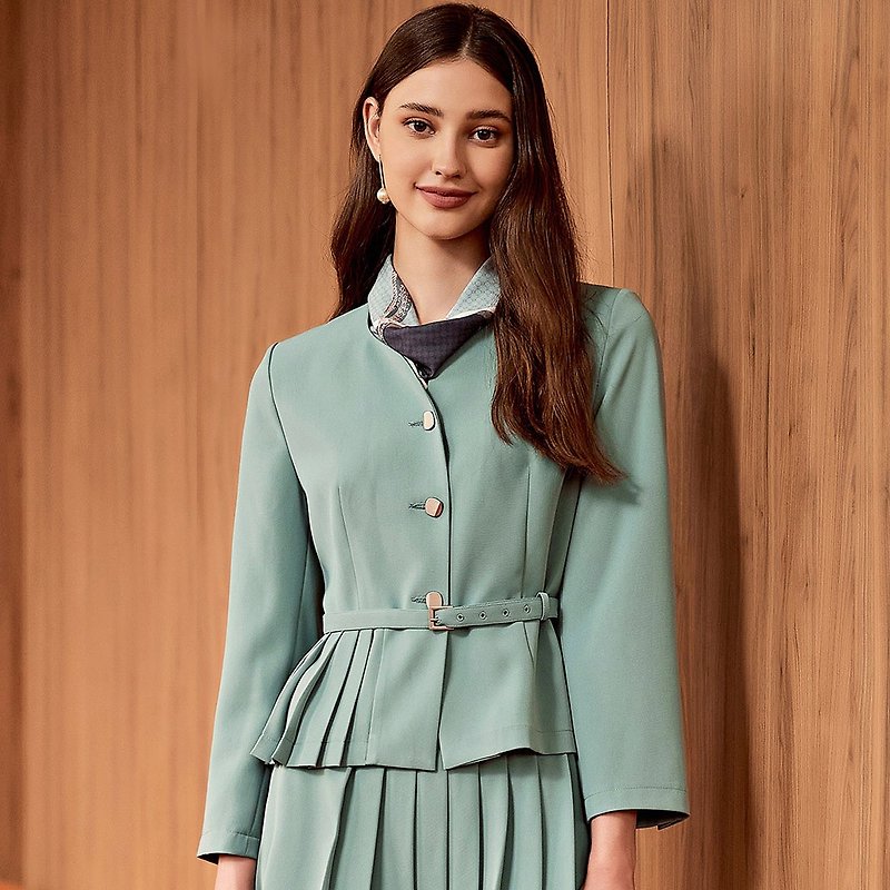 ILEY Yi Lei's elegant single-sided pleated style silk scarf buttoned jacket with belt (green) 1224074047 - เสื้อแจ็คเก็ต - เส้นใยสังเคราะห์ 