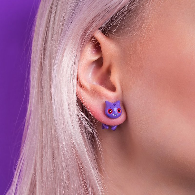 Dark Purple Cat Earrings - Polymer Clay Cat Earrinngs, Fake Gauge / Fake Plug - 耳環/耳夾 - 黏土 紫色