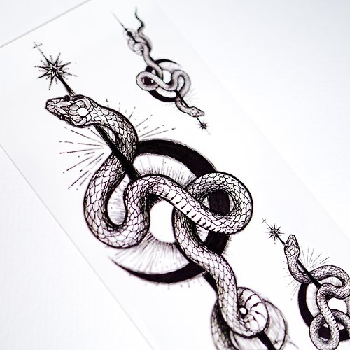 ╰ LAZY DUO TATTOO ╮ 手繪神秘風暗黑月亮蛇刺青紋身貼紙持久防水防敏夏天中性型格動物