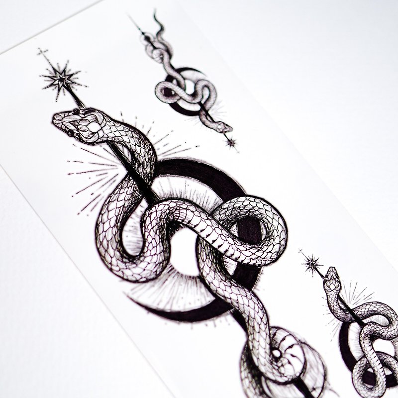 手繪神秘風暗黑月亮蛇刺青紋身貼紙持久防水防敏夏天中性型格動物 - 紋身貼紙 - 紙 黑色