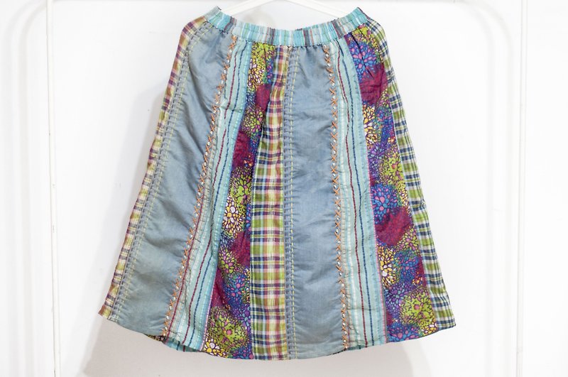 Cotton and Linen embroidered skirt/ethnic skirt/color block cotton and Linen skirt skirt/handmade patchwork skirt-South American Flower Sky - กระโปรง - ผ้าฝ้าย/ผ้าลินิน หลากหลายสี
