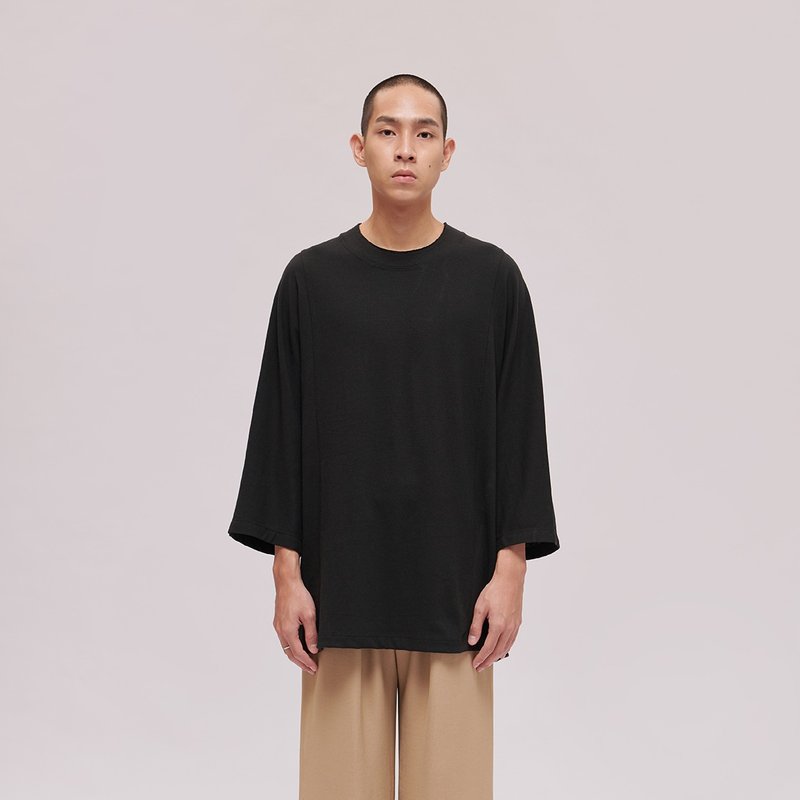 TRAN - Sleeve Wide TEE - เสื้อยืดผู้ชาย - ผ้าฝ้าย/ผ้าลินิน สีดำ