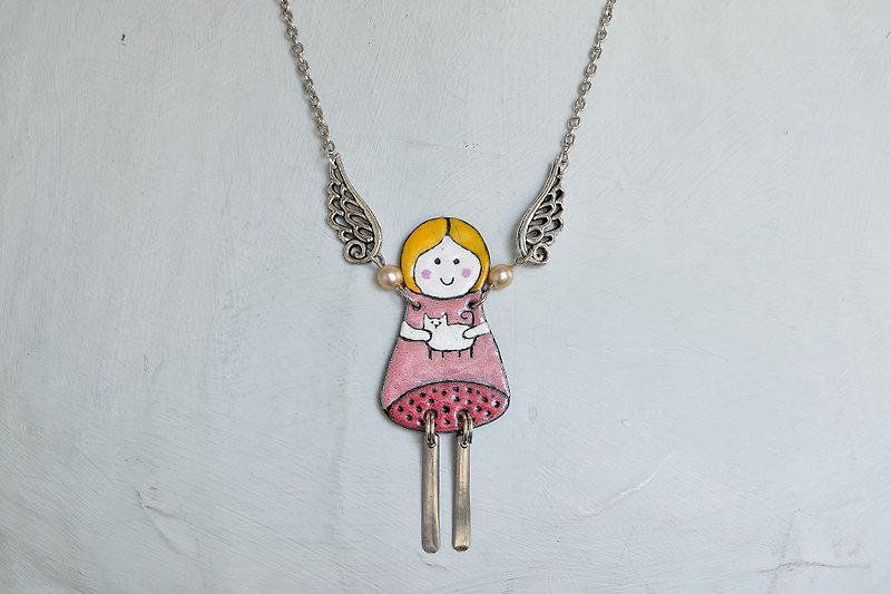 Angel Enamel Enamel Necklace, Angel With Cat, Girl With Her Cat, Cat Jewelry, - Necklaces - Enamel Pink