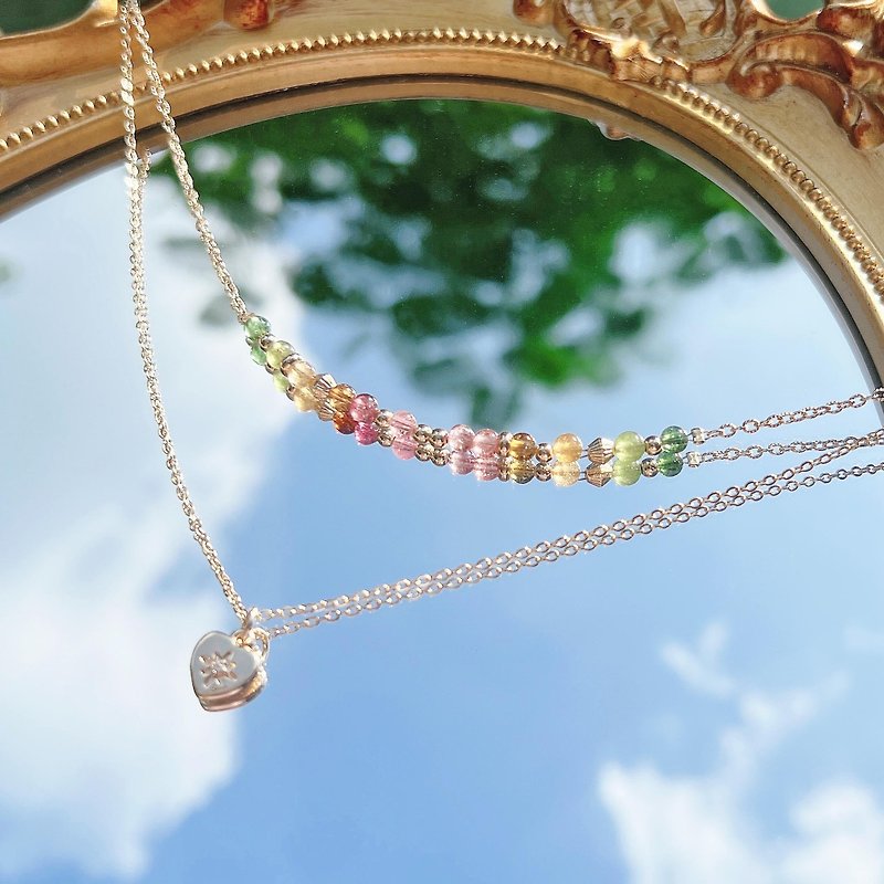 Tourmaline necklace 14K gold-filled double-layered necklace helps love luck, career luck, protect against villains, and ward off evil spirits - สร้อยคอ - คริสตัล หลากหลายสี