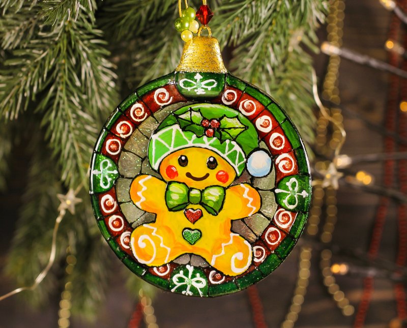 Gingerbread Man Fused Glass Ornament - Sweet Christmas Decor, Holiday Gift - 擺飾/家飾品 - 玻璃 黃色