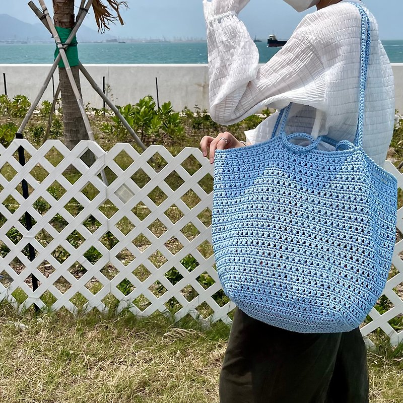 Japanese raffia woven handbag side bag crossbody bag hand bag large bag Japanese pink blue summer - กระเป๋าถือ - ผ้าฝ้าย/ผ้าลินิน สีน้ำเงิน