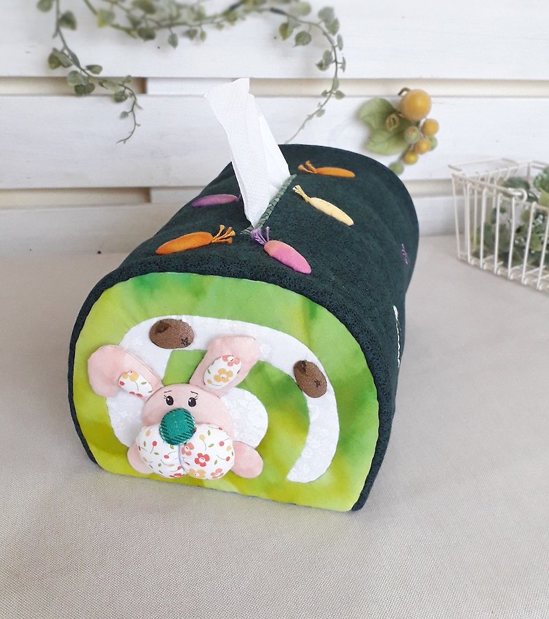 【抺茶兔面紙套】純手工幸福美味甜點 抺茶蛋糕捲造型 - 面紙盒 - 棉．麻 綠色