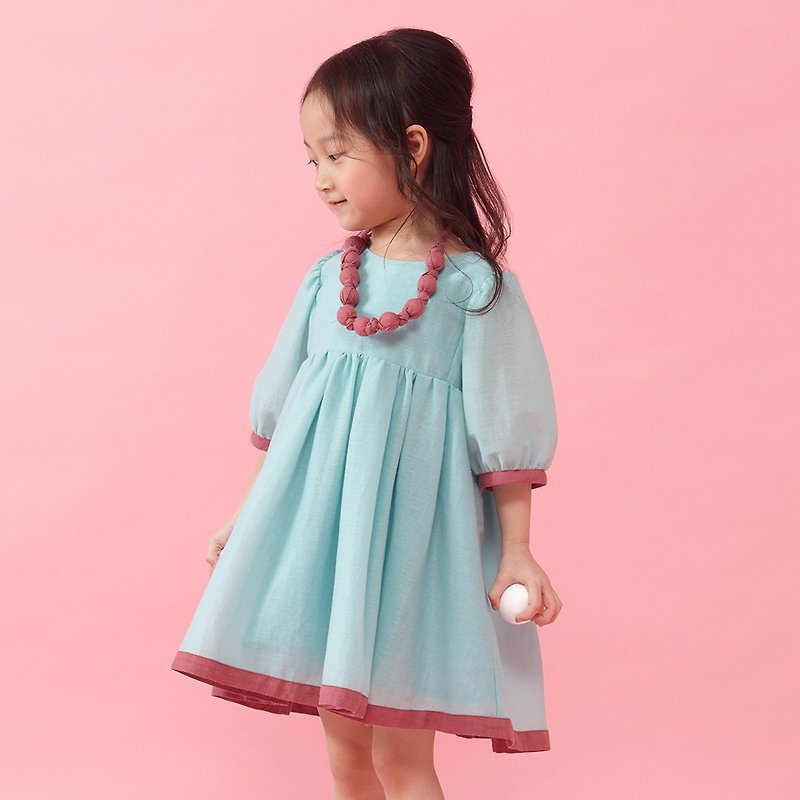 Ángeles-滾邊配色蓬袖洋裝 (7-10歲) - 其他 - 棉．麻 