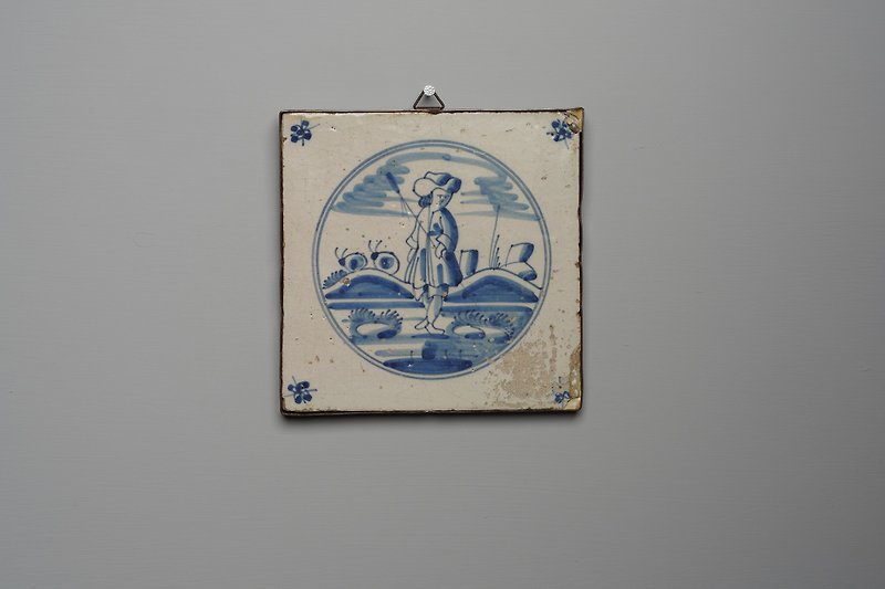 Copper framed blue shepherd in the fields tile(T028) / delft blue  / handpainted - Posters - Pottery Blue