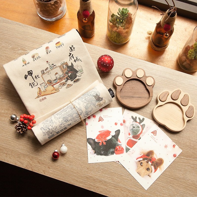 [Patting] Christmas good Kang Bao (wood foot pad coaster + synthetic canvas bag + Christmas postcard) - ที่รองแก้ว - ไม้ สีนำ้ตาล
