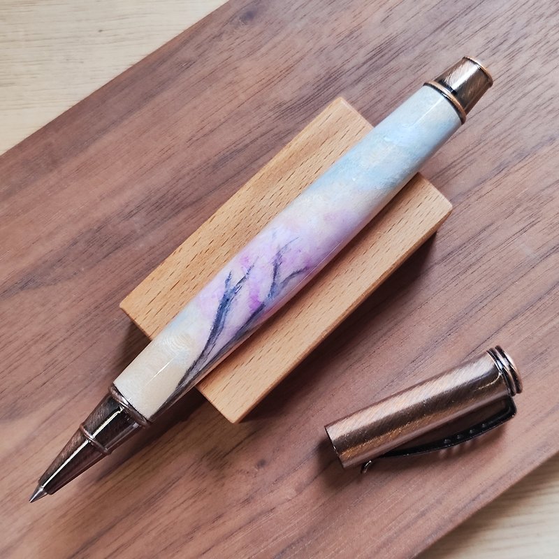 In stock - German SCHMIDT pull-out log ballpoint pen / watercolor hand-painted smudged maple - blue sky cherry blossoms - Rollerball Pens - Wood Pink