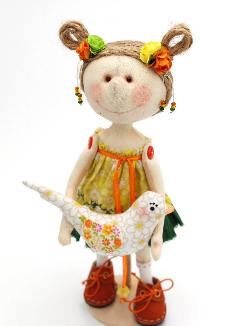 Textile decorative doll. One of a kind, handmade - Stuffed Dolls & Figurines - Cotton & Hemp Yellow