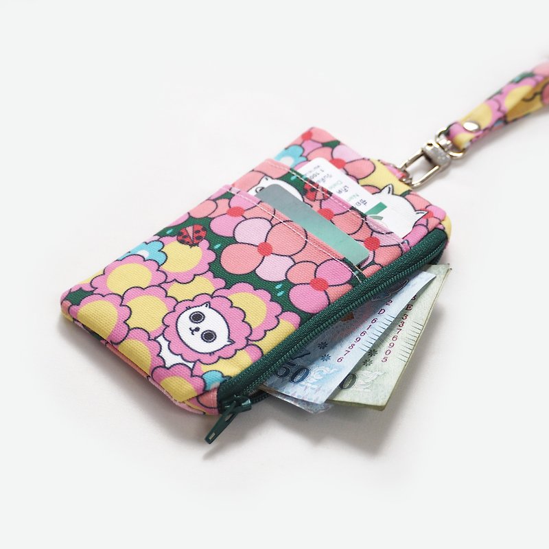 Polyester ID wallet with lanyard - Cats in the Rain Garden size 8x13 cm.