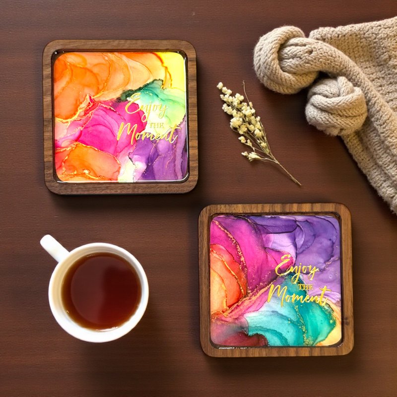 酒精墨水藝術胡桃木正方型杯墊套裝 (C) - 杯墊 - 其他材質 多色