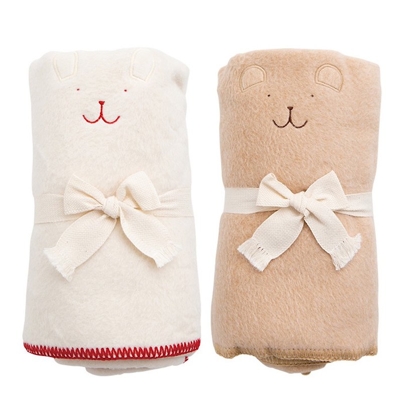 ผ้าฝ้าย/ผ้าลินิน อื่นๆ ขาว - Y-1308 100% Organic Cotton Blanket Rabbit Bear Face Embroidered Made in Japan