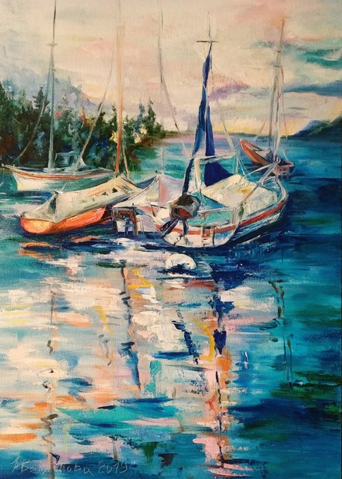 水彩画原画　夕日とヨット トップ 水彩画原画 夕日とヨット 絵画 - 絵画