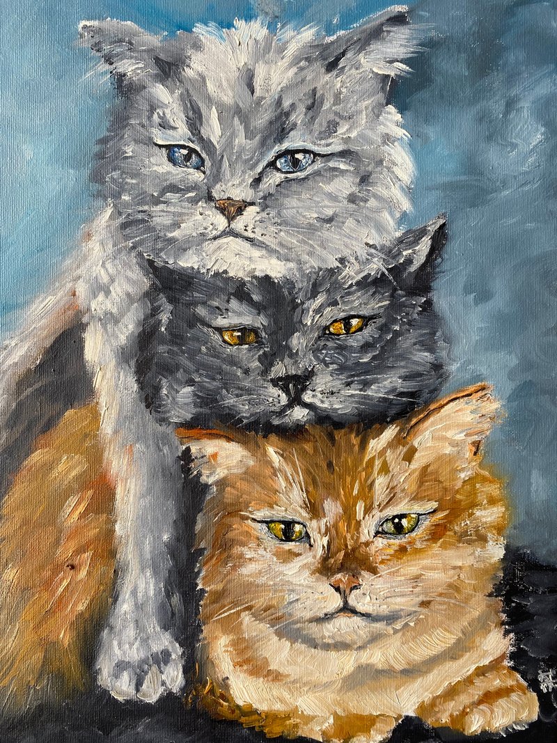 Cats Painting Animal Original Art Impasto Artwork Red Cat Art Black Cat Wall Art - 壁貼/牆壁裝飾 - 環保材質 多色