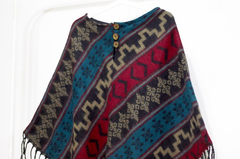 Valentine's Day gift limited edition a knit pure wool shawl / national wind cloak / indian fringed shawl / bohemian cape shawl / wool cloak / hand-woven scarf - Moroccan blue red boho totem world - Scarves - Wool Multicolor
