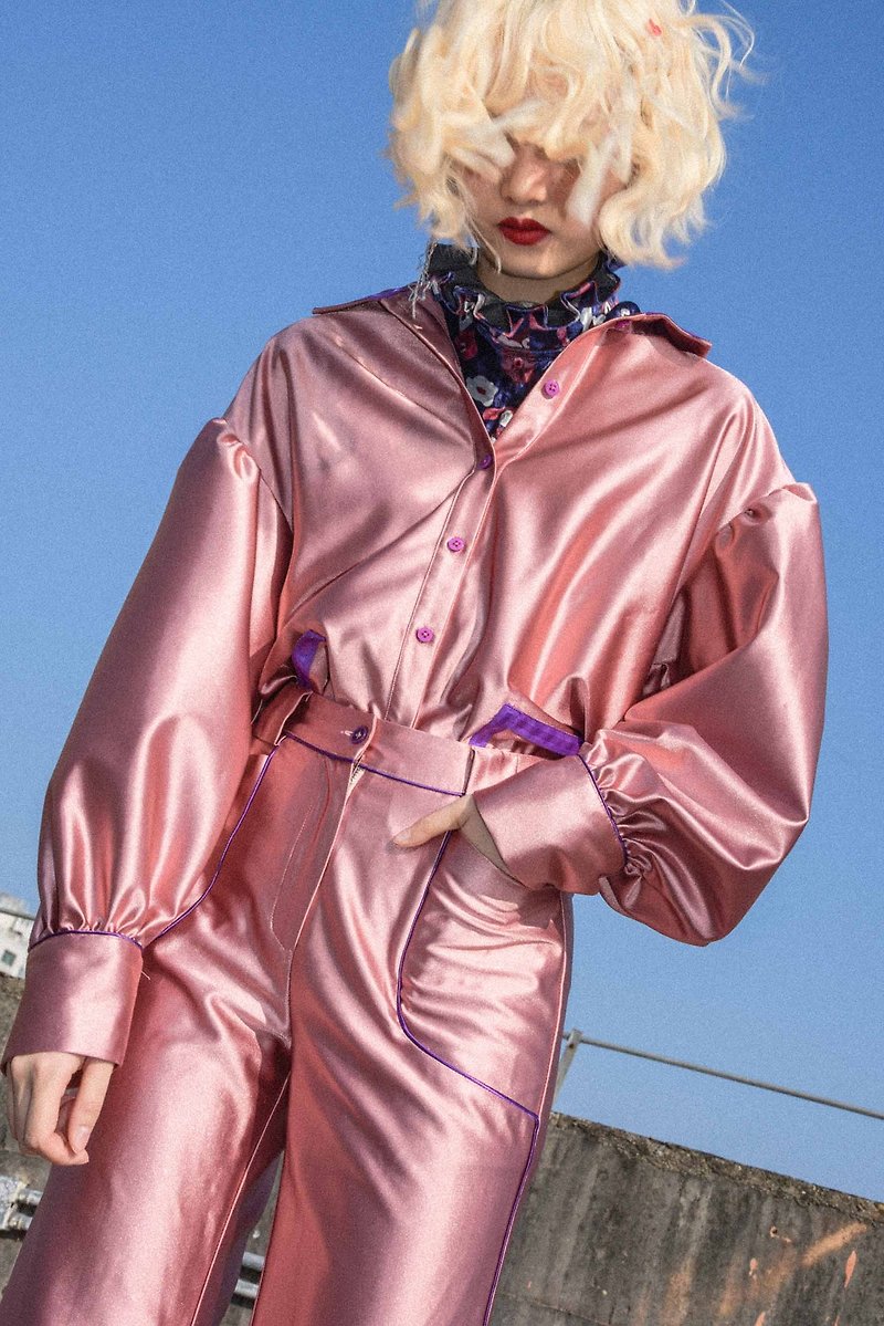 UU! BY UF9193 original 17 autumn and winter new bright pink bubble palace sleeve loose thick shirt coat - เสื้อเชิ้ตผู้หญิง - เส้นใยสังเคราะห์ สึชมพู