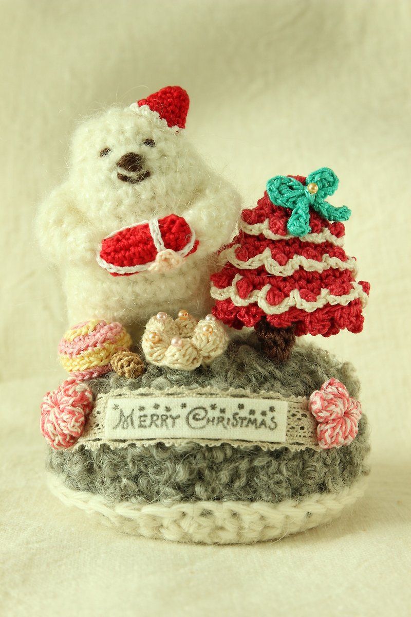 "Polar bear and Christmas Tree with Candies"  hand-crocheted Ornaments - Items for Display - Wool Red
