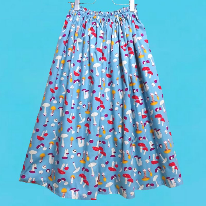 [Made to order] Mushroom Skirt Blue / Japanese Textile / Free size / Cotton Skirt / - กระโปรง - ผ้าฝ้าย/ผ้าลินิน สีน้ำเงิน