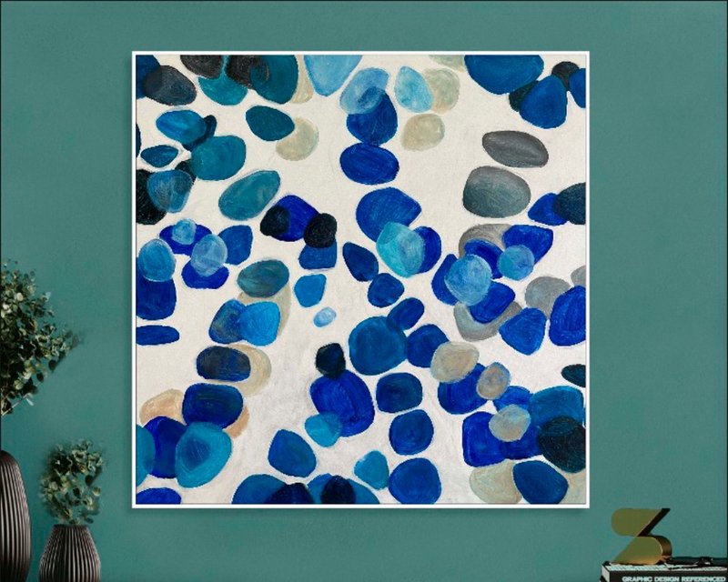 畫布上的抽象藍色石頭繪畫現代簡約藝術品紋理 - 牆貼/牆身裝飾 - 壓克力 藍色