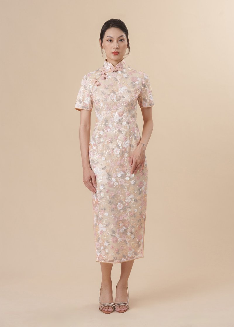 Short Sleeves Lace Qipao (Beige Pink) - Qipao - Polyester Khaki