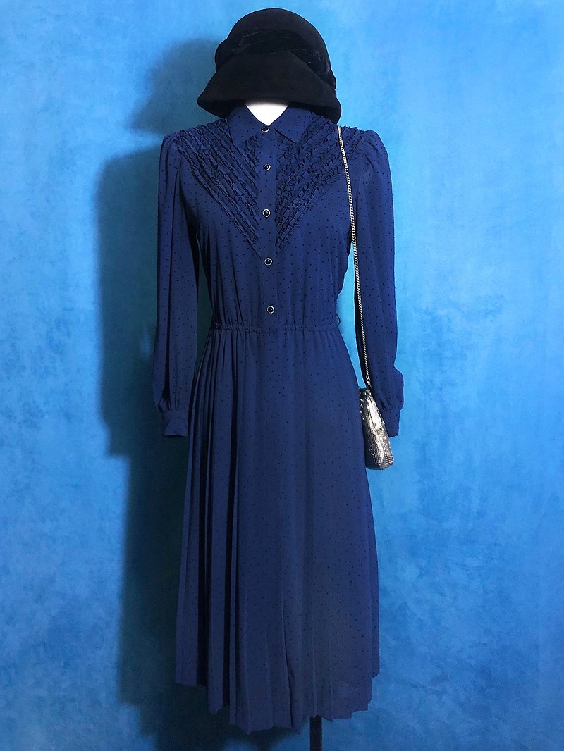 Flocking long-sleeved vintage dress / brought back to VINTAGE abroad - ชุดเดรส - เส้นใยสังเคราะห์ สีน้ำเงิน