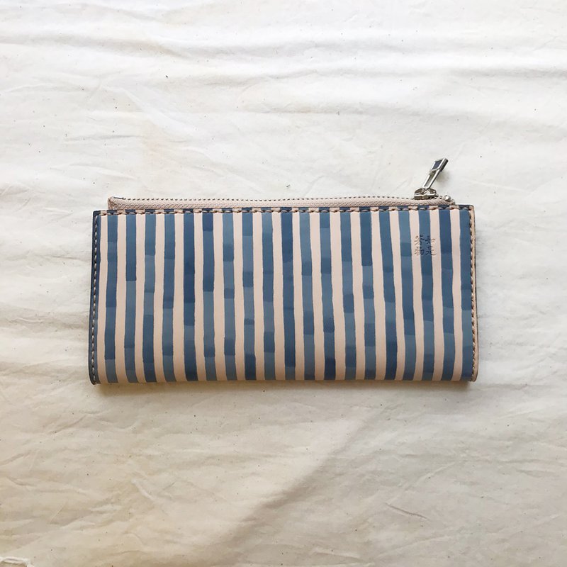 植鞣真皮長夾_8卡層2鈔票層_零錢袋_茄芷墨藍條紋 - 手拿包 - 真皮 藍色
