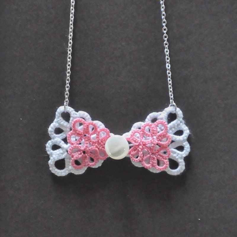《Made To Order》『Double Bow』Pink n White Tatting Necklace - Chokers - Thread Pink