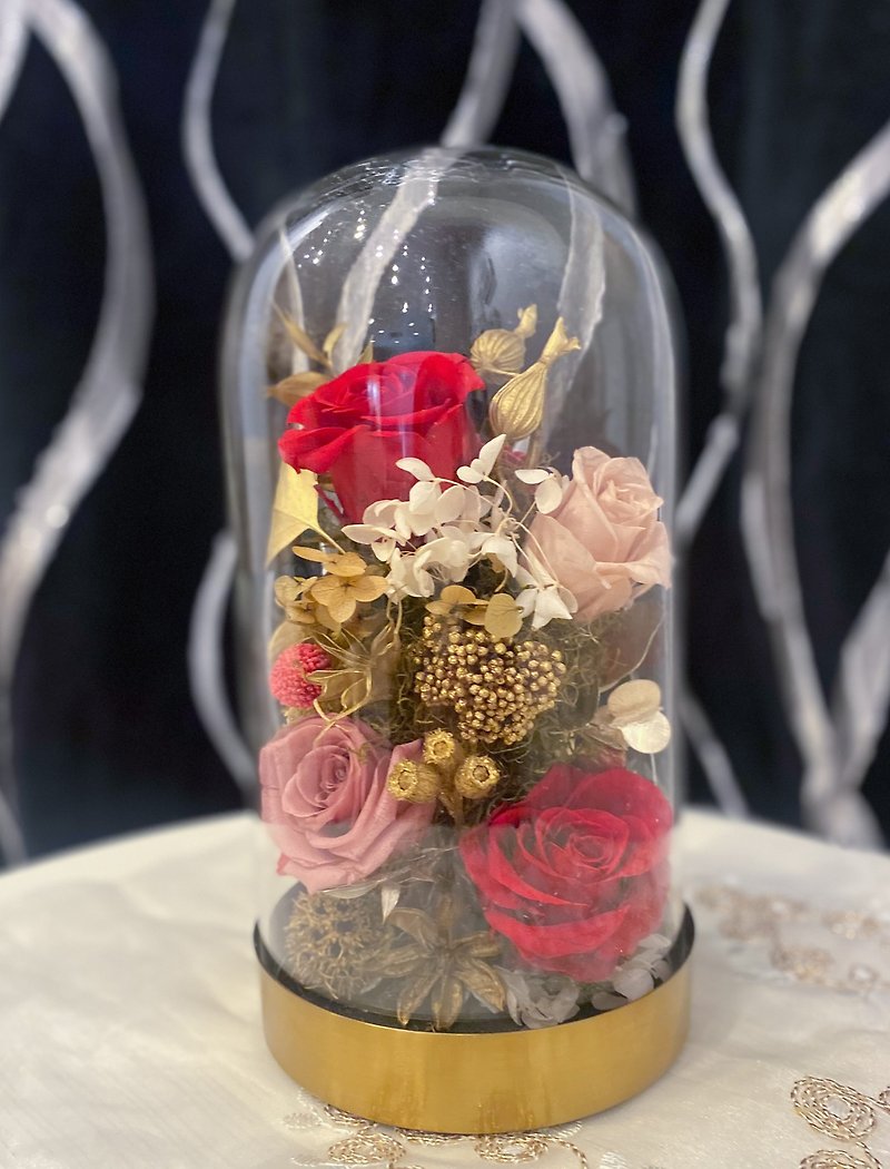 Valentine's Day Preserved Flower Glass Cover Home Decoration Gift Gold Series We - ช่อดอกไม้แห้ง - พืช/ดอกไม้ สีแดง