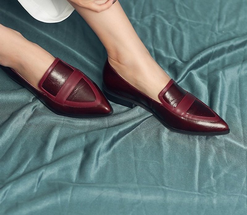 Vintage color stitching leather pointed leather shoes red - รองเท้าอ็อกฟอร์ดผู้หญิง - หนังแท้ สีแดง