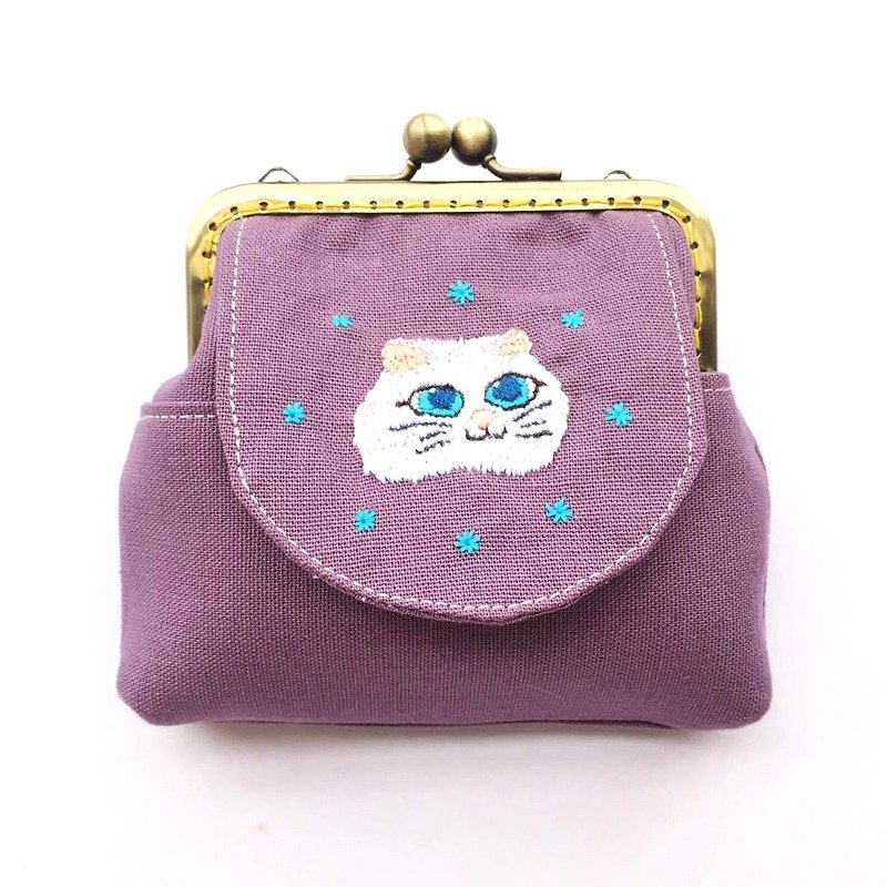 棉．麻 長短皮夾/錢包 紫色 - 刺繡貓口金多用包