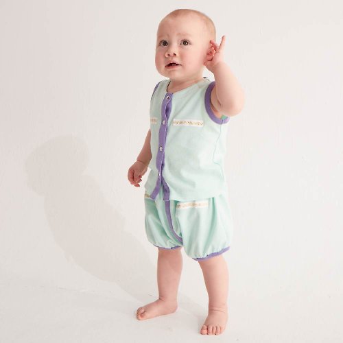 baby baby cool 有機棉精品童裝 法蘭西經典香頌套裝(藍綠/粉)