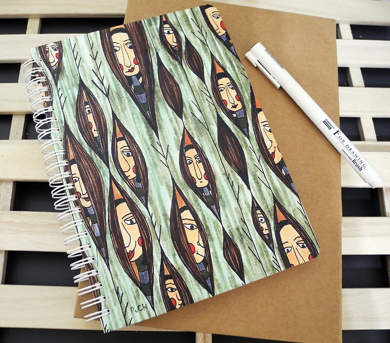 PuChi / self portrait / girl peep / hard shell cover notebook - สมุดบันทึก/สมุดปฏิทิน - กระดาษ สีเขียว