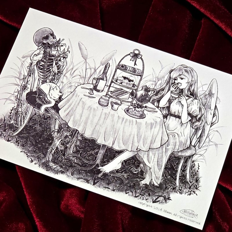 250g Secret tea time Girl Skeleton Alice Postcard (lilliwon) - 卡片/明信片 - 紙 灰色