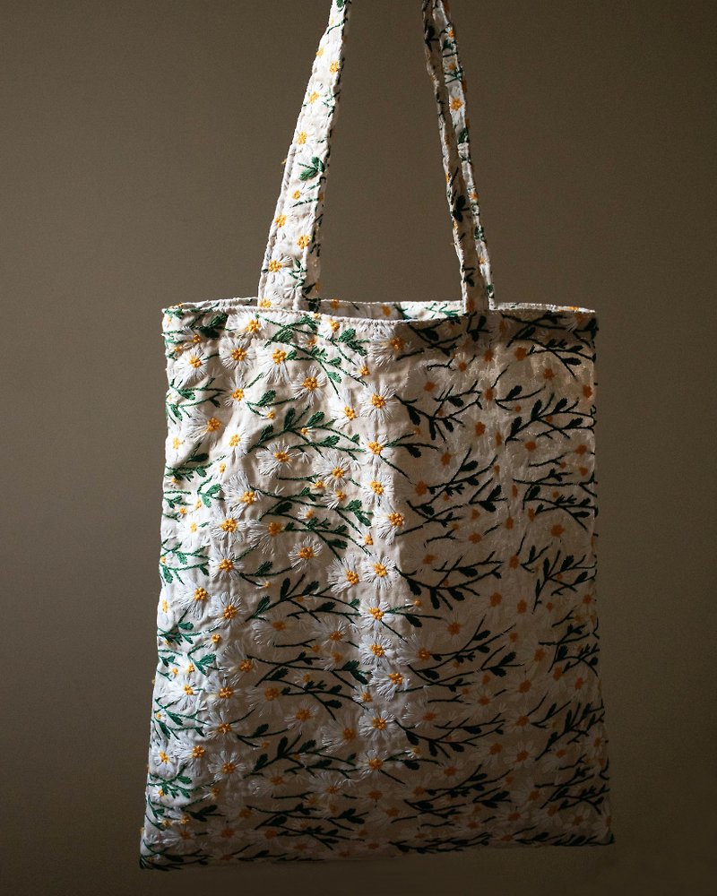 Embroidery Tote Bag | Daisy Daytote - Handbags & Totes - Cotton & Hemp Khaki